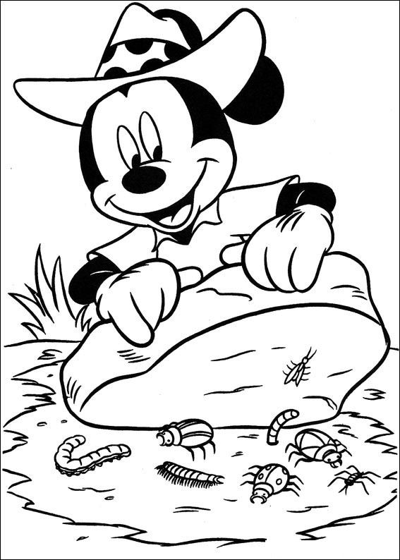 Print Mickey vindt insecten kleurplaat